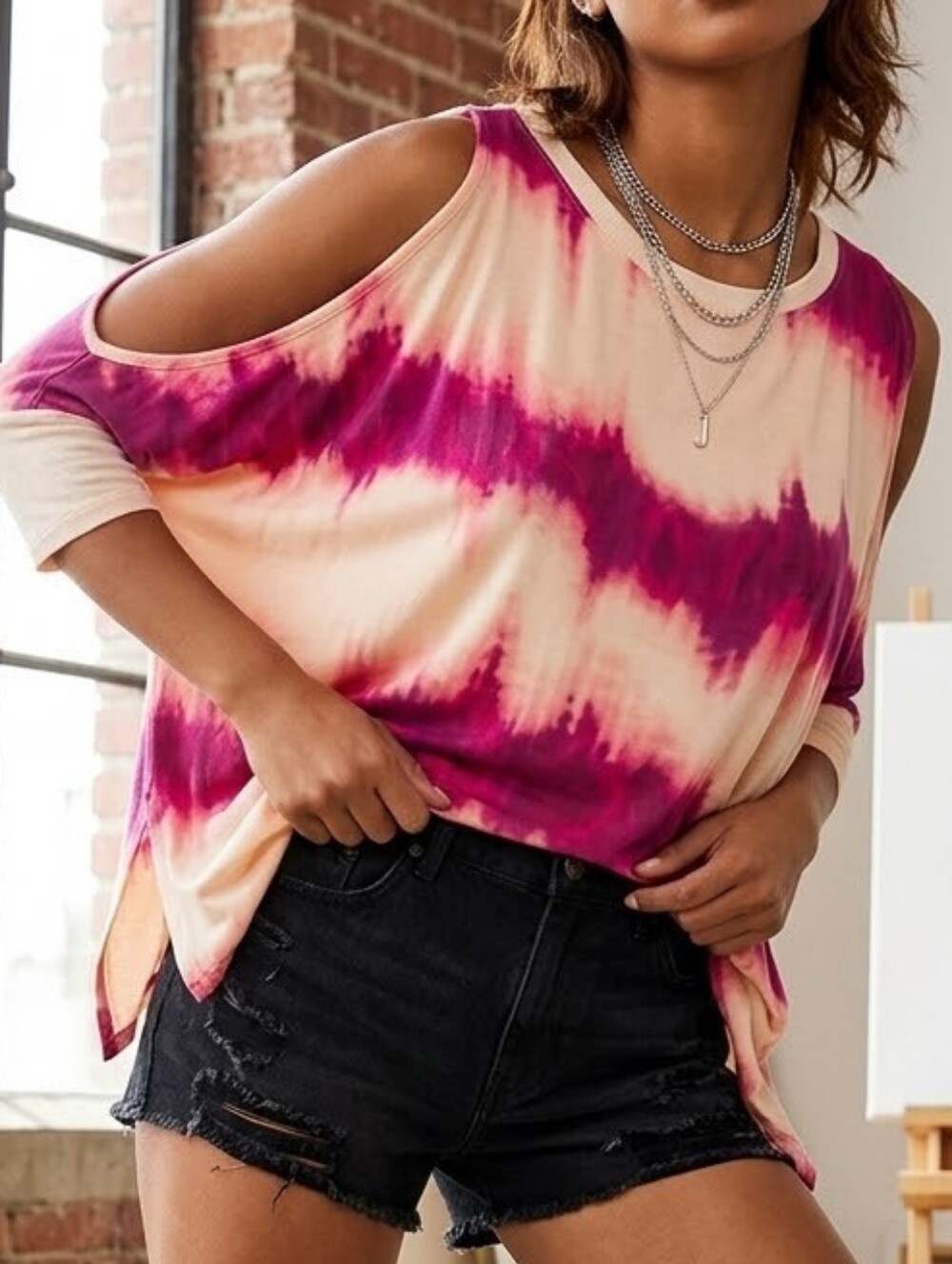 Juicy Couture Cream and Pink Tie-Dye Cold-Shoulder Long Sleeve Top
